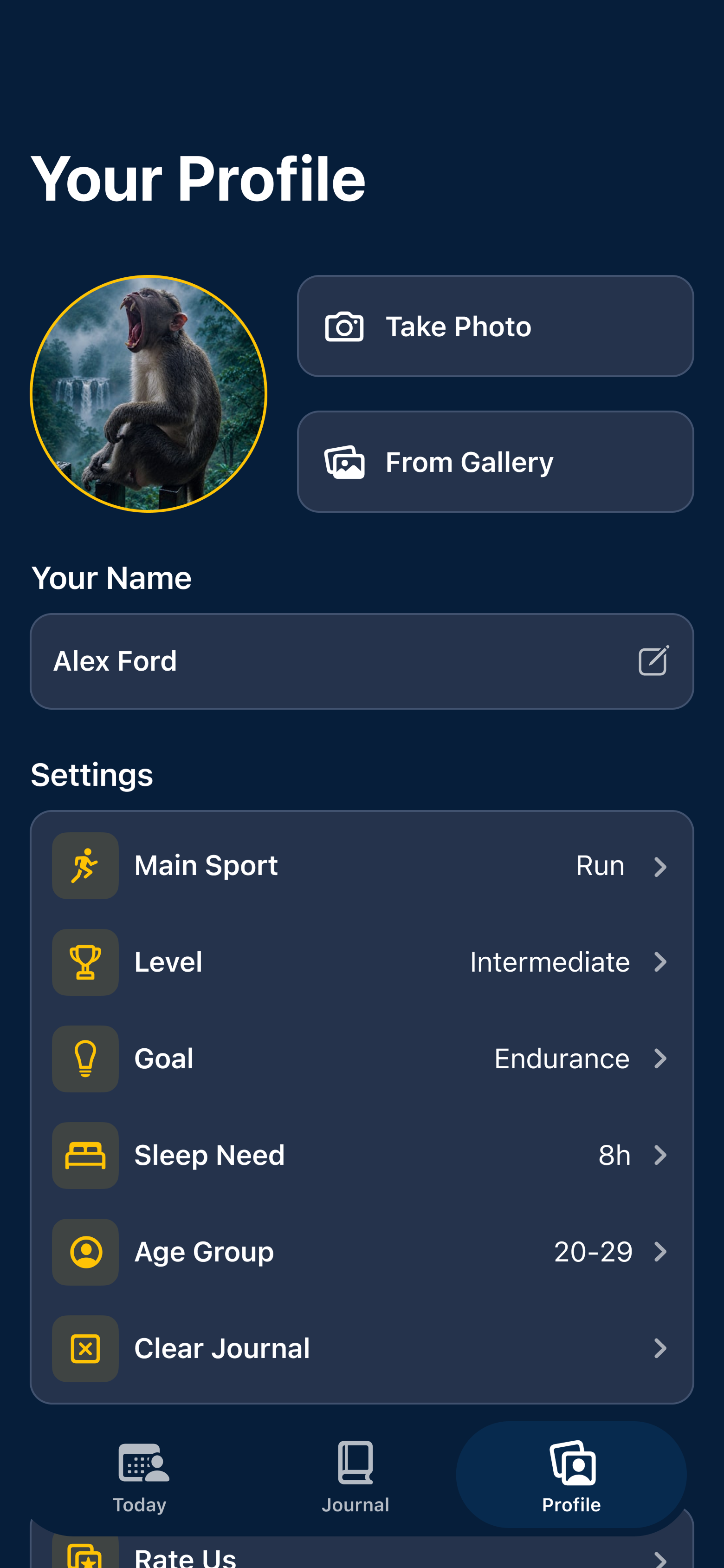 Stars Sport profile with sport, level, goal and sleep need