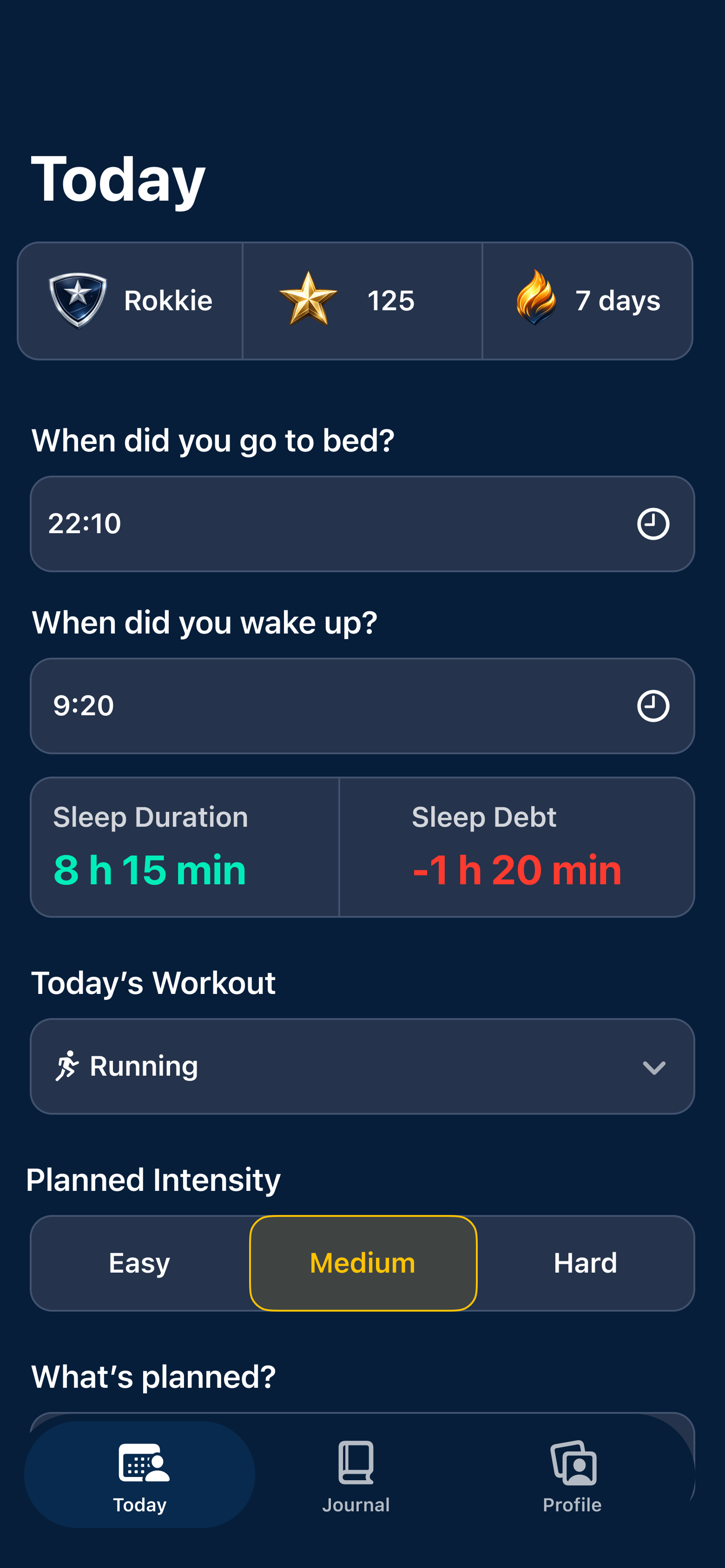 Stars Sport Today tab with sleep times, duration, sleep debt and planned workout