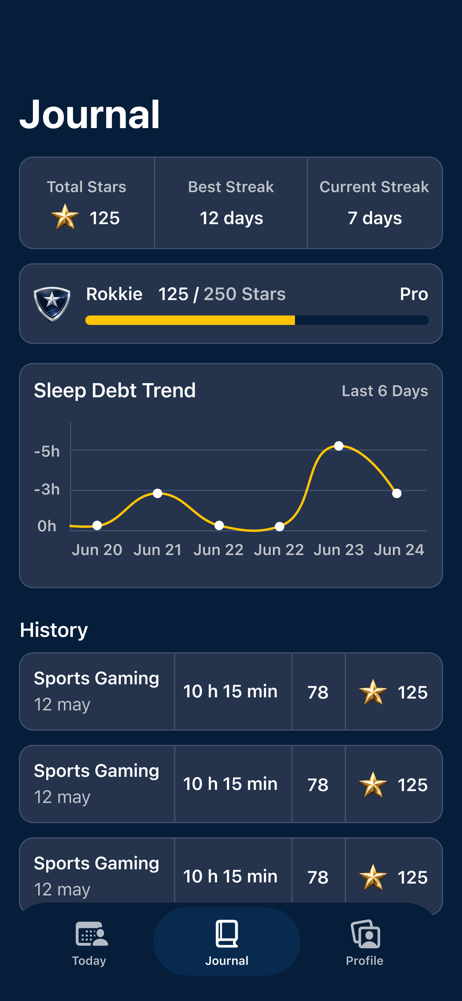 Stars Sport journal with stars, streak, league progress and sleep debt trend